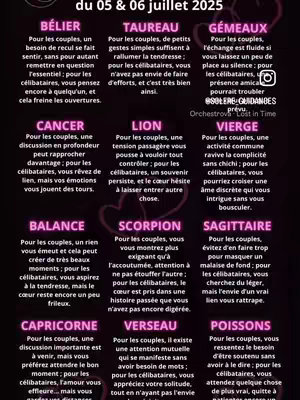 The image is a graphic featuring a detailed astrological chart for the weekend of July 5th and 6th, 2025. The background is black. In the center, several pink hearts are scattered for decorative purposes. The chart is organized into zodiac signs placed within individual boxes. Each box includes the zodiac symbol. The zodiac signs are surrounded by text providing relationship horoscopes, along the left, center and right of the image, with the header at the top.