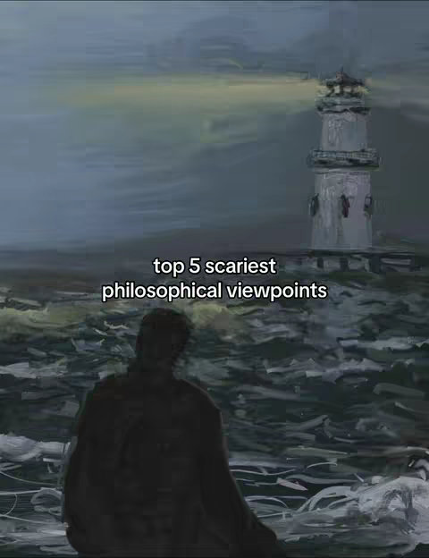An artistic illustration depicting a man in silhouette facing away from the camera, standing on a rocky shoreline with waves crashing. In the background, a tall, white lighthouse stands against an overcast sky. The scene is painted with a muted color palette, and the overall composition suggests a contemplative or dramatic mood. The title overlayed reads "top 5 scariest philosophical viewpoints".