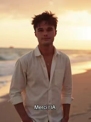 A young man stands on a beach at sunset. He is wearing a light-colored, open-collared shirt and a necklace. The background shows the ocean and sky, with warm orange and yellow hues from the setting sun. Below him, the words "Merci l'IA" are written in the lower center of the image.