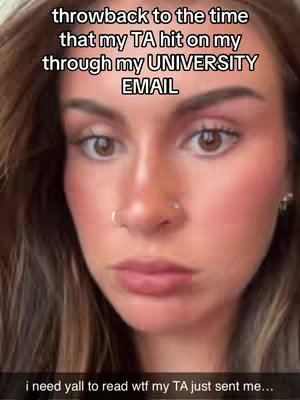 A selfie-style shot features a light-skinned woman with brown hair, partial focus on her face, with text overlays at the top and bottom. The woman has full lips, a small nose ring, and is looking slightly down and to the viewer's left and appears to be speaking.