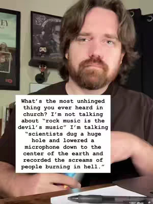 The video features a man with brown hair and a beard in front of a light-colored wall. A text overlay with white background is displayed in front of the man. The text asks,"What's the most unhinged thing you ever heard in church?"