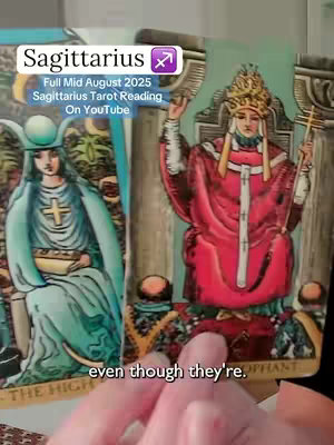 The cover photo displays two tarot cards from the Rider-Waite deck. The left card depicts The High Priestess, with a woman in a blue robe, holding a scroll. The right card is The Hierophant, showing a robed figure with a crown, seated and raising a hand. A text overlay at the top reads "Sagittarius" along with a zodiac symbol; below that is text about a reading from August 2025 on YouTube.