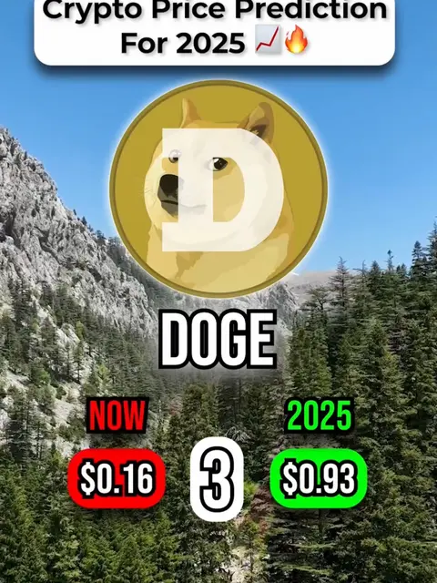 The cover image presents a vertical composition. At the top, a text overlay reads 'Crypto Price Prediction For 2025', with an upward trending graph icon and a flame icon next to it. Centered in the image is a gold coin with the Doge meme face in white, with an outer gold circle around the dog's head. Below this, the text 'DOGE' in a bold, white font. Beneath that, two boxes. The left box is red, filled with white text 'NOW' and '$0.16'. The right box is green, with '2025' in white text at the top and '$0.93' in white text at the bottom. The background features a mountain range with a blue sky and green trees.