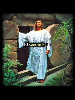 A digitally painted image depicts Jesus Christ standing outside a stone structure. He is a Caucasian male with long brown hair, a beard, and a serene expression. He is wearing a white robe. There is text overlaid on the image.
