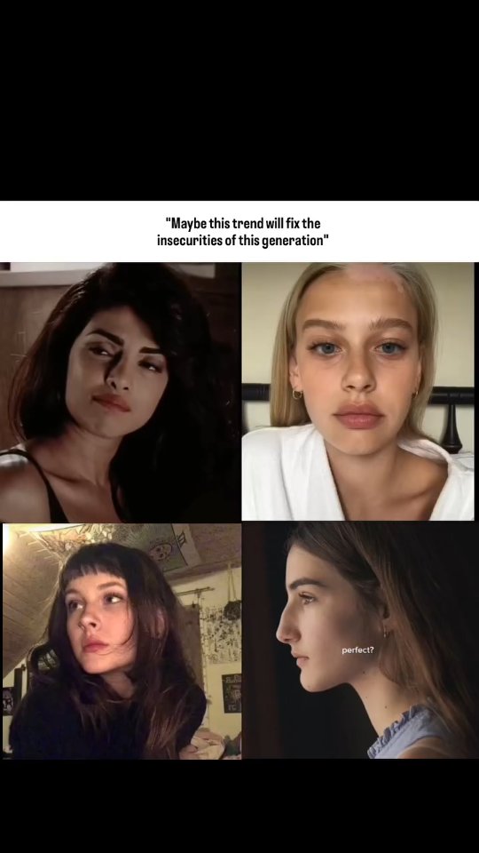 The cover image is a collage of four images of different women's faces, each representing a different perspective on beauty. The top-left image shows a woman with dark hair and a serious expression. The top-right features a woman with blonde hair and a neutral expression. The bottom-left has a woman with bangs looking off to the side, while the bottom-right shows a profile view of a woman's face. Text overlay at the top reads, 'Maybe this trend will fix the insecurities of this generation.'