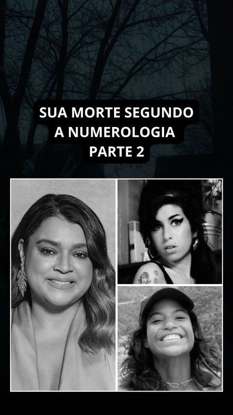 The cover image showcases a vertical composition in grayscale. At the top, a dark silhouette of bare tree branches appears against a black background. In the center, a white rectangular box contains the text "SUA MORTE SEGUNDO A NUMEROLOGIA PARTE 2" in bold, white font. Below this, three black and white portrait photos are arranged. The leftmost photo is of a woman with dark hair and earrings, smiling with a light background. The upper right photo shows Amy Winehouse in a portrait, looking directly at the camera. The bottom-right photo is of another smiling woman wearing a cap.
