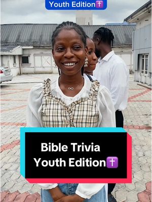 The cover image shows a young woman smiling at the camera, in front of building. Below the person is a solid black and teal rectangle with the words "Bible Trivia Youth Edition" in a white font with a pink cross at the end. At the top of the image is a blue rectangle with the words "Youth Edition" and a cross symbol.