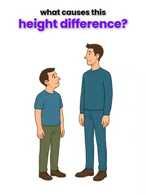 An illustration on a white background, featuring two cartoon figures: a shorter one on the left and a taller one to the right. The shorter figure is wearing a blue t-shirt, olive green pants, and brown shoes. The taller figure has on a similar blue shirt and blue trousers with brown shoes. The shorter figure is looking up at the taller figure, who is looking slightly away. Above, the text "what causes this height difference?" in purple.