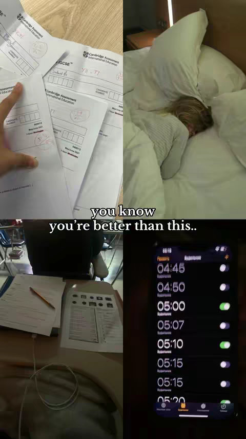The cover image is a four-panel collage. The top left shows exam papers with handwritten notes, the top right shows a person in bed under the covers, the bottom left shows a desk with papers and a pencil, and the bottom right shows a phone displaying an alarm clock app. Overlayed text reads, "you know you're better than this.."