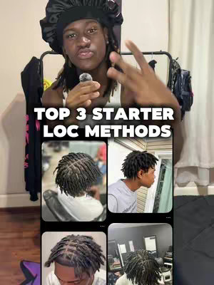 The image shows the upper body of a person of color with locs, wearing a black satin hair cap and holding a microphone. They are giving a peace sign gesture with their right hand. The text overlay reads, "TOP 3 STARTER LOC METHODS". Below this, four smaller images showcase different loc styles.