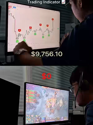 The cover image is a split screen showing two different scenarios. The top half displays a computer monitor with a trading chart, marked with red and green indicators over the price data, accompanied with the text "Trading Indicator". Below this screen is a representation of financial gain with the text "$9,756.10". The bottom half showcases a different monitor with a gaming interface, with a zero value representation "$0".