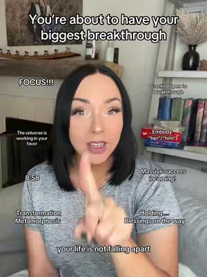A woman with dark hair and a gray top is pointing at the camera. Text bubbles with positive affirmations and time/date are around her.