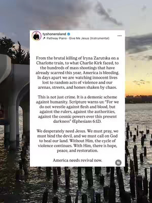 The image shows a social media post overlaid on a scenic view of water and a bridge. The post includes text from a user discussing America's challenges, referencing violence and calling for revival, with the text set against a background of water, wooden posts, and a bridge.