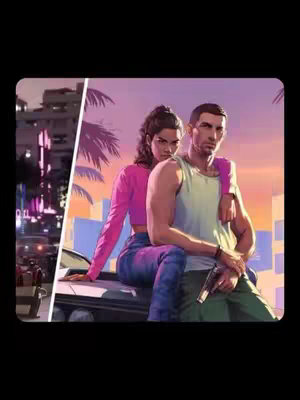 The cover image for a video game features a stylized illustration of two characters, a man and a woman, in front of what appears to be a city at sunset. The woman is seated on a car hood, with the man standing close, seemingly embracing her. The color palette includes shades of purple, orange, and pink for the background, suggesting a vibrant and energetic urban setting, possibly referencing the Grand Theft Auto (GTA) series. The overall aesthetic is modern with a touch of artistic flair.