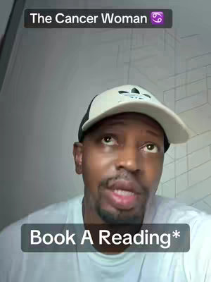 A man wearing a white cap and a white t-shirt is looking slightly up at the camera. The top part of the cover image contains a text overlay of "The Cancer Woman" and the Cancer zodiac symbol. At the bottom of the cover image is a text overlay of "Book A Reading*".