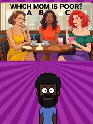 The image is divided into two sections. The top section shows three women seated around a table. The bottom section depicts a cartoon character. The three women are seated at a circular table in a cafe-like setting. Each woman is dressed in a different outfit. The bottom section shows a cartoon drawing of a black man with exaggerated features against a purple background with vertical stripes.