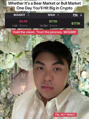 A selfie of a man positioned in front of a floral background. The man has short, dark hair and is wearing a white, collared shirt with an embroidered pattern on the chest. An overlay showcases cryptocurrency data with text about market conditions and a call to 'hold the vision'.