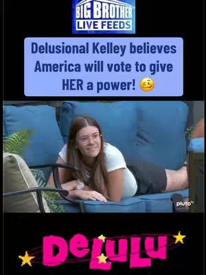 A woman with glasses and a white top is lying on a blue couch in an outdoor setting. Above her is a blue box containing text about her 'delusional' belief in gaining a power in a game. Below the couch is a pink text overlay.