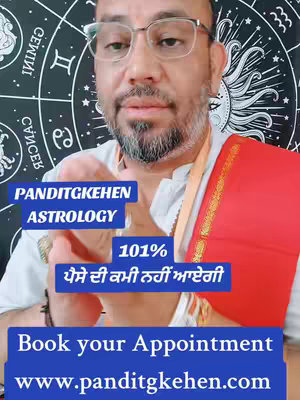 A man wearing glasses, a white shirt with a cream colored collar and a red scarf, is the main focus against a background that includes astrology symbols. Overlayed text includes the presenter's name and the words 'ASTROLOGY', '101%', and another sentence in an unknown language. There is also a call to action to 'Book your Appointment' with a website address at the bottom.