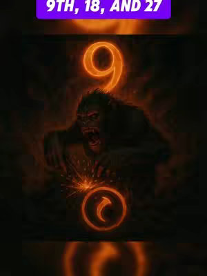 An artistic image with a dark background. A stylized number nine in a glowing orange color is prominent. Below, an illustration of a monkey-like creature is included in the same orange glow, with an explosive design as part of its visual element. At the very top is a purple banner that has text in it.