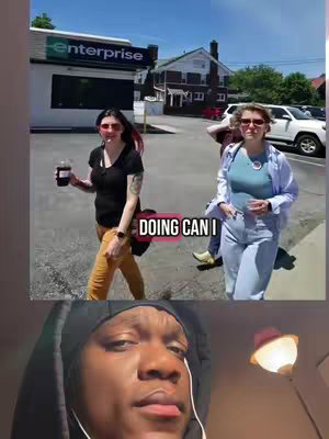 The cover image has two layers. The top half displays three women walking outside a building marked "Enterprise" under a bright sky. The lower half features a young Black man looking directly at the camera with a slightly concerned expression. On the first layer, the main hook is a text overlay. The background consists of a sunny day.