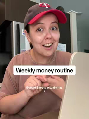 A woman with brown hair and a red cap smiles, gesturing with her hands. Overlaying text reads 'Weekly money routine '