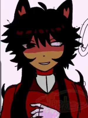 An anime-style drawing of a character, possibly a cat-like humanoid, with black, spiky hair and cat ears. The character wears a red and white collared shirt and has a flushed face, a slight smile, and one visible eye. The background is plain, and the overall style is reminiscent of a comic or animation.