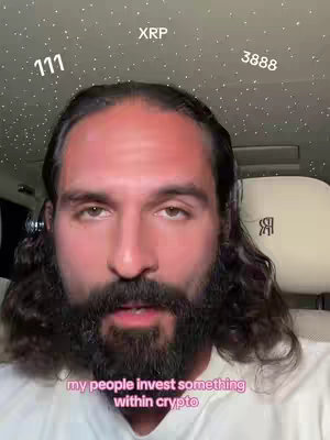 A man with a beard is centered in the frame, appearing to speak. He's in a car with a starry ceiling with numbers and the crypto tag XRP on it. Text at the bottom of the image reads, "my people invest something within crypto."