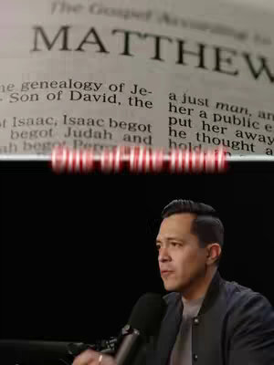 A split image showing a close-up of a page from the Bible with the book of Matthew highlighted, and a man speaking into a microphone. The top part of the image is a close-up of the text from the Bible.  The lower part of the image shows a man with dark hair wearing a dark shirt with a black background.