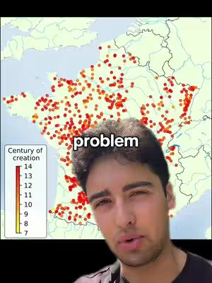 A man is in the bottom right, speaking, and the rest of the image is a map of France covered in small red dots. Overlayed on the map is the text 'problem'.