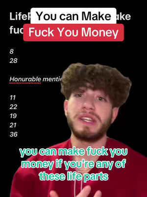 The cover image features a man in a red shirt looking directly at the camera, appearing to be in the middle of speaking. The text overlay, in a white box, reads "You can Make Fuck You Money", with "Fuck You Money" in a red box. The layout is dominated by a black backdrop, numbers and expressions below the man suggesting numerology or astrology. The overall composition is simple, focusing on the man and the bold text.