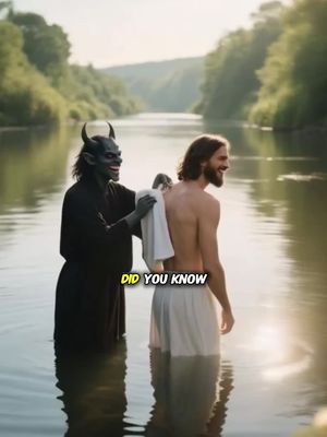 An image depicting two figures in a river, set against a backdrop of green trees and a bright sky. In the foreground, a person, who appears to be Jesus (indicated by his long hair and beard), is being touched by a dark figure with horns, likely representing a demon. The Jesus figure is partially submerged in the water and wearing a white cloth. The demon figure is clothed in a dark robe and has black skin. There is a superimposed text overlay. The composition uses natural light, creating a sense of serenity mixed with tension. The water reflects the sky and trees, unifying the scene, while the contrast between the figures creates a clear focal point.