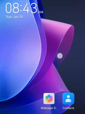 A phone screen displaying a vibrant, abstract wallpaper with swirling blue and purple shapes. The time 08:43 AM and the date Sun, Jun 29 are displayed at the top left. The bottom of the screen shows two app icons: 'Wallpaper S...' and 'Contacts'.