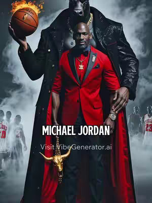 The image is a stylized depiction featuring Michael Jordan in a red blazer and black pants, standing against a blurred background with the Chicago Bulls team. Above him looms a dark silhouette of a bull-headed figure in a black coat, holding a flaming basketball, with additional figures visible in the background. Text overlays read 'MICHAEL JORDAN' and 'Visit VibeGenerator.ai'.