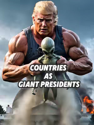 An AI-generated image shows a giant, muscular figure resembling Donald Trump holding a small alien. The figure is in a gray tank top, looking intense. The alien is green and small compared to the figure. The background is a cloudy sky, with the White House visible behind the giant figure. Text overlays read "COUNTRIES AS GIANT PRESIDENTS".