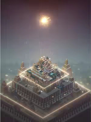 An isometric view digital illustration of a temple structure, rendered with a 3D modeling look, with a soft color palette. The main structure has multiple layered platforms and is surrounded with a glowing halo surrounding the building. The background is gradient going to a deep lilac near the top where there is a bright light.