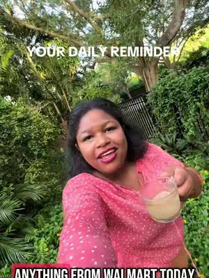 A woman holding a glass of something in front of an outdoor background, with text overlays.