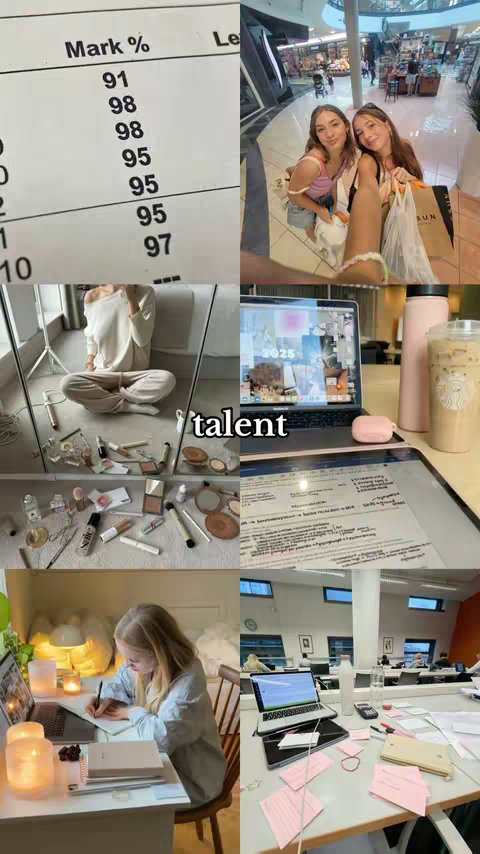 A collage features multiple images: a paper showing test scores, two girls taking a selfie at a shopping mall, a person seated with accessories with a makeup-table mirror, a laptop showing "2025" on the screen, a studying table with candles and a study desk.