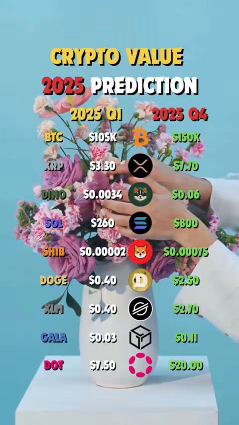 The cover image shows a vertical layout with the words 'CRYPTO VALUE 2025 PREDICTION' at the top. Below this, a chart compares the predicted value of different cryptocurrencies in Q1 and Q4 of 2025. The chart is set against a light blue background and includes Bitcoin (BTC), Ripple (XRP), Dino (DINO), Solana (SOL), Shiba Inu (SHIB), Dogecoin (DOGE), XLM, Gala (GALA), and Dot (DOT). The chart elements include various cryptocurrency logos, and the image also features a hand holding a bouquet of flowers.