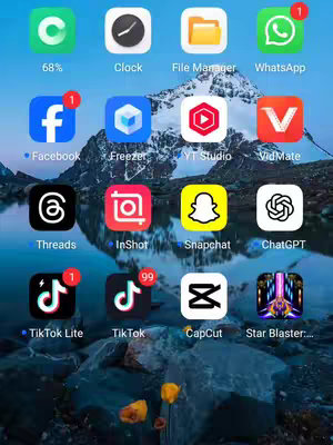 The cover image is a screenshot of a mobile phone's home screen. The background is a blue sky with a blurry mountain in the center and a dark, rocky foreground. The screen is populated with app icons arranged in a grid layout and some icons have notification badges.
