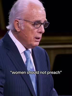 A man in a suit and tie is speaking, with a text overlay that reads "women should not preach."