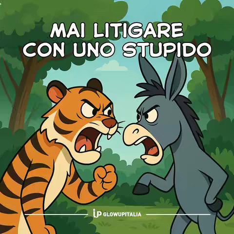 An illustration featuring a tiger and a donkey facing each other and shouting. The tiger, on the left, is orange with black stripes, and the donkey, on the right, is gray. They are positioned against a background of stylized green trees. Above them, the text 'MAI LITIGARE CON UNO STUPIDO' is overlaid in a bold, white font.