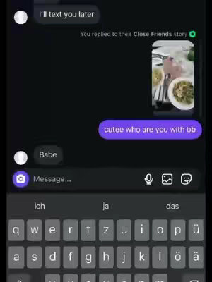 A mobile phone screen displays a text messaging conversation, with text bubbles against a dark background. One message reads, "cutee who are you with bb." The preview of a photo within the chat reveals a snippet of a dining scene with plates of food. A keyboard is visible at the bottom, indicating that the user is about to reply.
