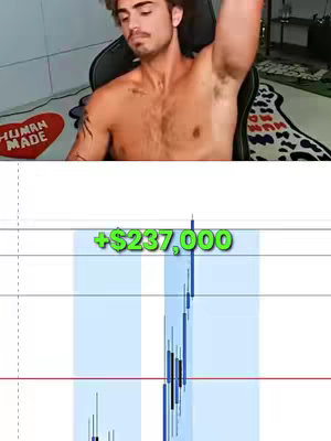 The cover image is split into two parts. The top portion shows a shirtless man with tattoos on his arm raising his hands in the air as if celebrating, set against a backdrop of what appears to be an office or gaming chair setup. The bottom part includes a chart that is probably a financial chart. The textual overlay shows the phrase "+$237,000" in bold, green font.