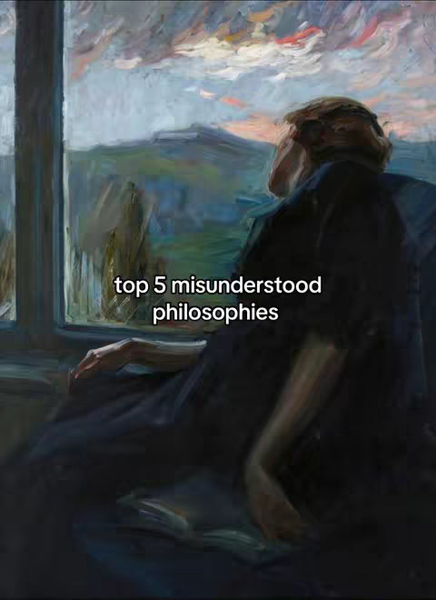 An artistic painting depicts a woman gazing from a window at a landscape. The image uses muted colors, with the woman in dark clothes and a vibrant, impressionistic sky with mountains visible through the window.