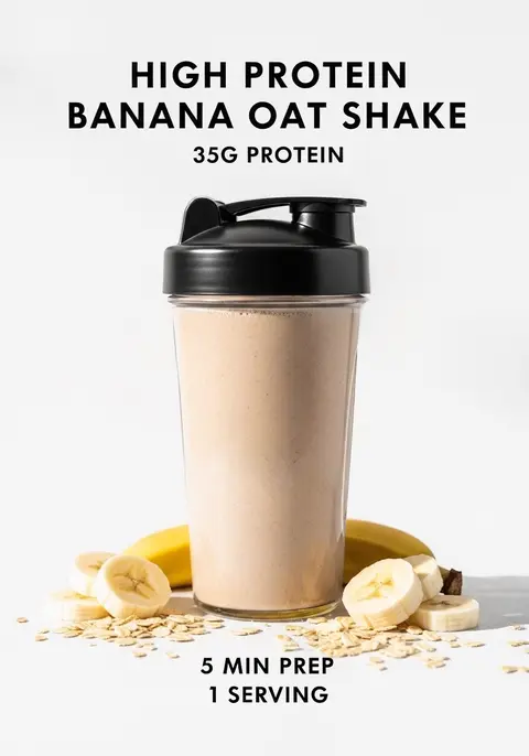 A clear, well-lit image featuring a protein shake in a transparent shaker bottle. The shake is a creamy beige color. Sliced bananas, oatmeal, and a whole banana are arranged around the bottle. Text overlays highlight the ingredients and nutritional information of the shake on a white background.