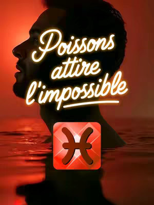 A profile view of a man's face submerged in water, with the hook text "Poissons attire l'impossible" in a neon-style font, and an astrological symbol.