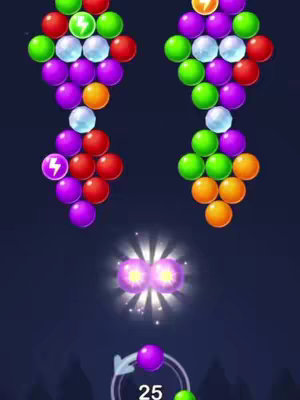 The image displays a bubble shooter game interface. Two columns of colorful bubbles are arranged in diamond formations against a dark blue background. In the center, a burst of light emanates. A purple bubble with a number "25" and a green bubble are at the bottom, indicating the player's turn and remaining shots.