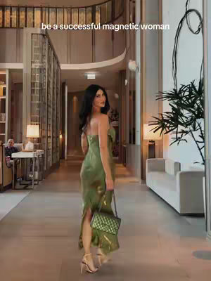A woman in a green dress walks away from the camera in a luxurious hallway. The hallway has light wooden floors, an intricate ceiling, and a glass-paneled wall on the left side. On the right, there is a white sofa beneath a modern art piece.
