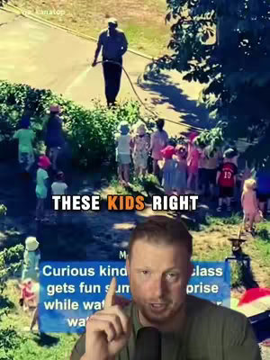 The image is a split-screen. On the top is a scene of a gardener with a hose watering a lawn with a group of kindergarten children watching with excitement. The bottom half shows the creator addressing the camera, with text overplayed.